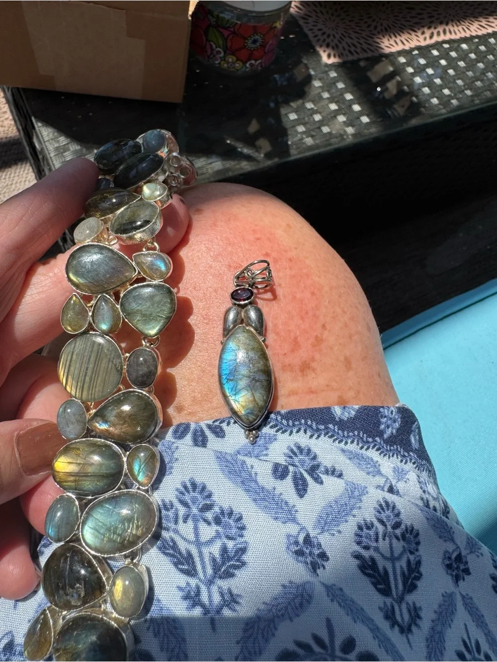 Sterling Silver Labradorite Bracelet & pendant w garnet & green diopside pendant - Picture 12 of 15